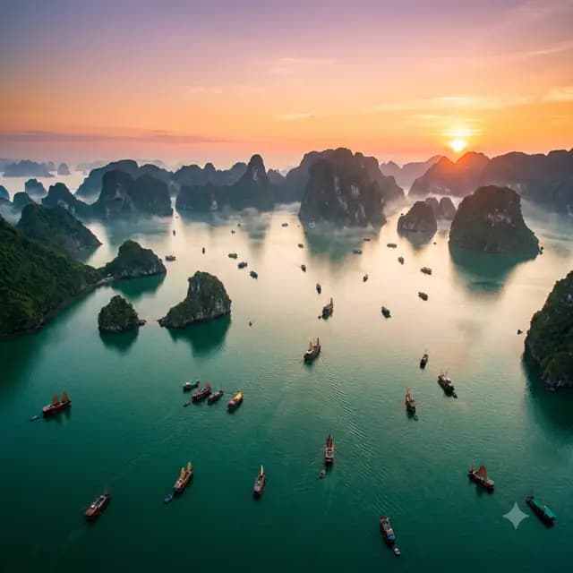 vịnh Hạ Long nhìn từ trên cao lúc bình minh, sương mỏng trên mặt nước, thuyền gỗ nhỏ